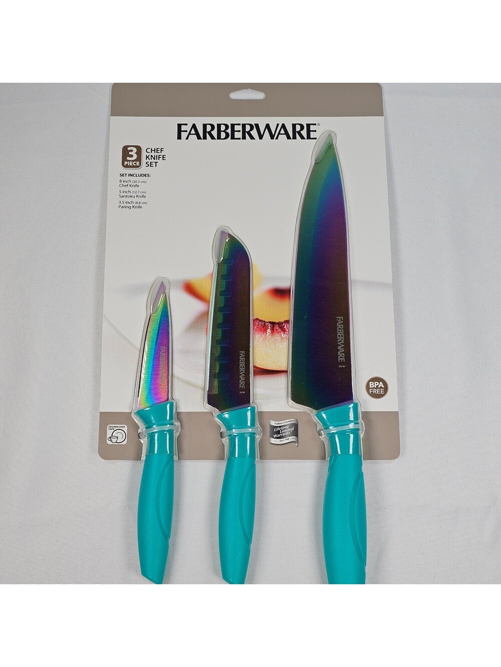 New Farberware 3 Piece Chef Knife Set Rainbow Titanium Coated Teal Handle NWT